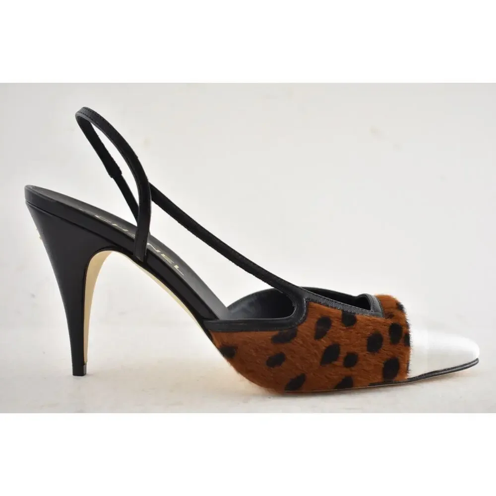 Chanel 26A Brown Leopard Black White Sling CC Gold Logo Slingback Heel Pump 36.5